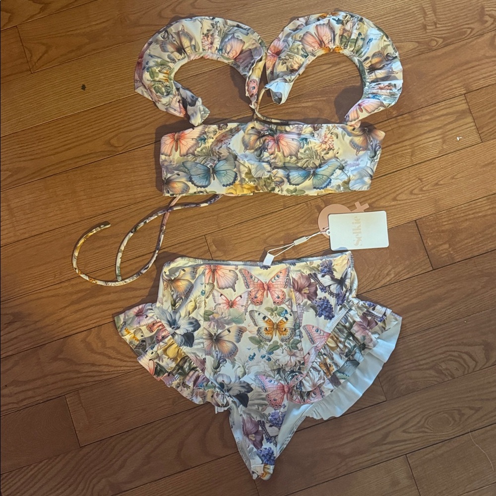 Selkie butterfly botanics ruffle bikini bottom and top NWT